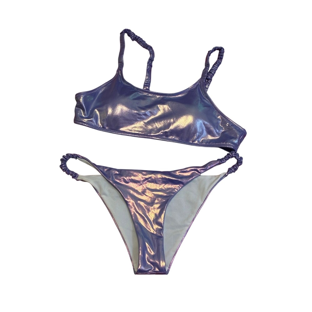 Girls Purple Metallic Shimmer Bikini Set Ruched Kids Small